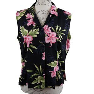 Two Palms | Dark Floral Hawaiian Sleeveless Shirt Blouse Made in Hawaii | Size L